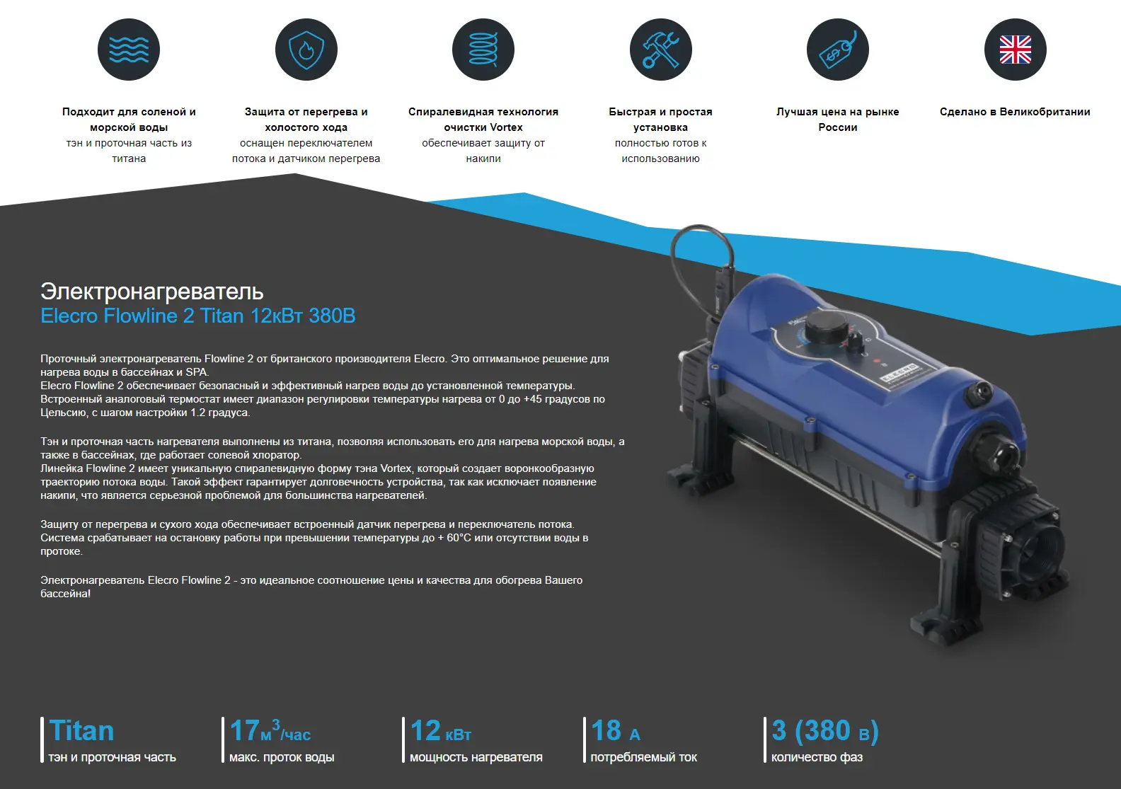 Электронагреватель Elecro Flowline2 12 кВт 380В Titan: Купите в Москве по  Лучшей Цене